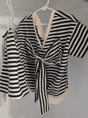 Striped Bow-Front Girl’s Top in Black & Cream with Matching Shorts